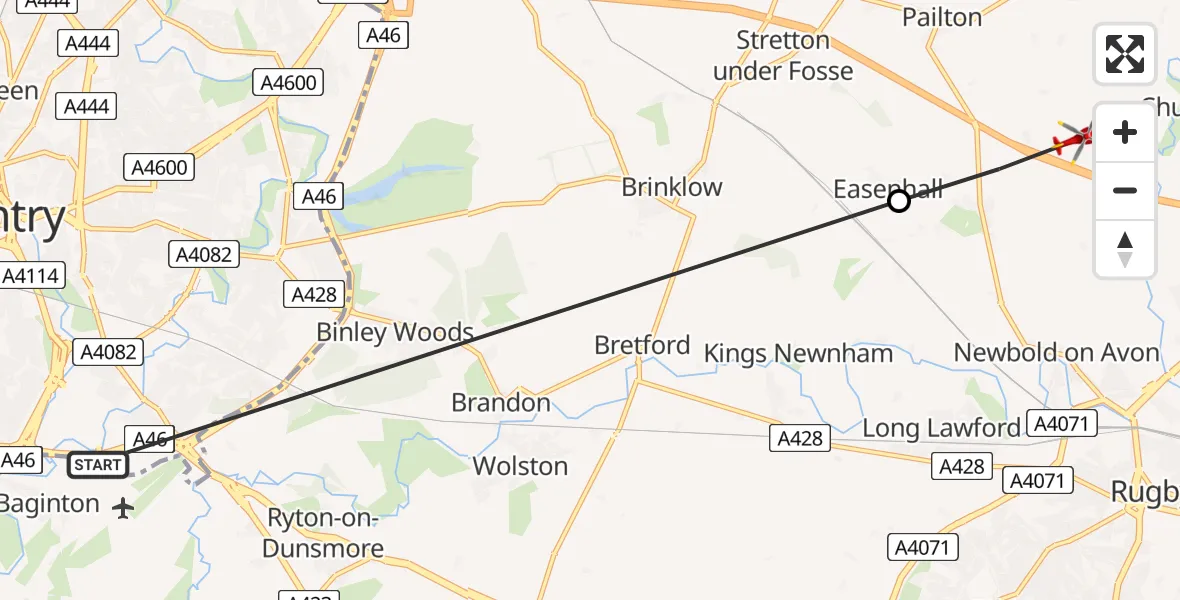 Flight route Air Ambulance Helicopter Coventry Airport - Rugby, 07 August 2026, 09:25