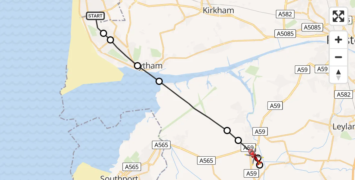 Flight route Air Ambulance Helicopter Blackpool Airport - Tarleton, 07 August 2026, 09:28