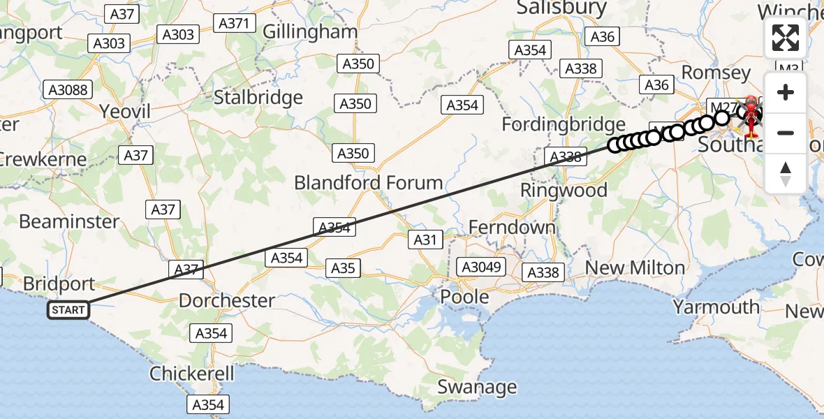 Flight route Air Ambulance Helicopter Burton Bradstock - University Hospital Southampton, 07 August 2026, 09:29