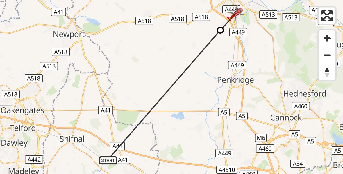Flight route Air Ambulance Helicopter RAF Cosford - Stafford, 07 August 2026, 09:34