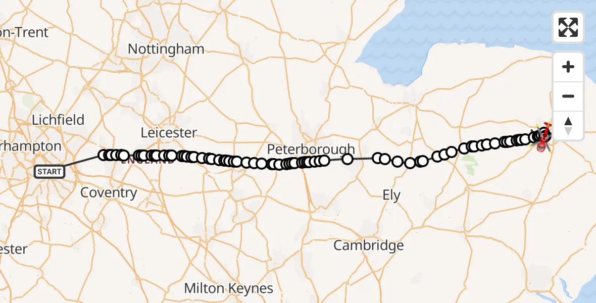 Flight route Air Ambulance Helicopter Nechells - Norfolk & Norwich Hospital, 07 August 2026, 09:37