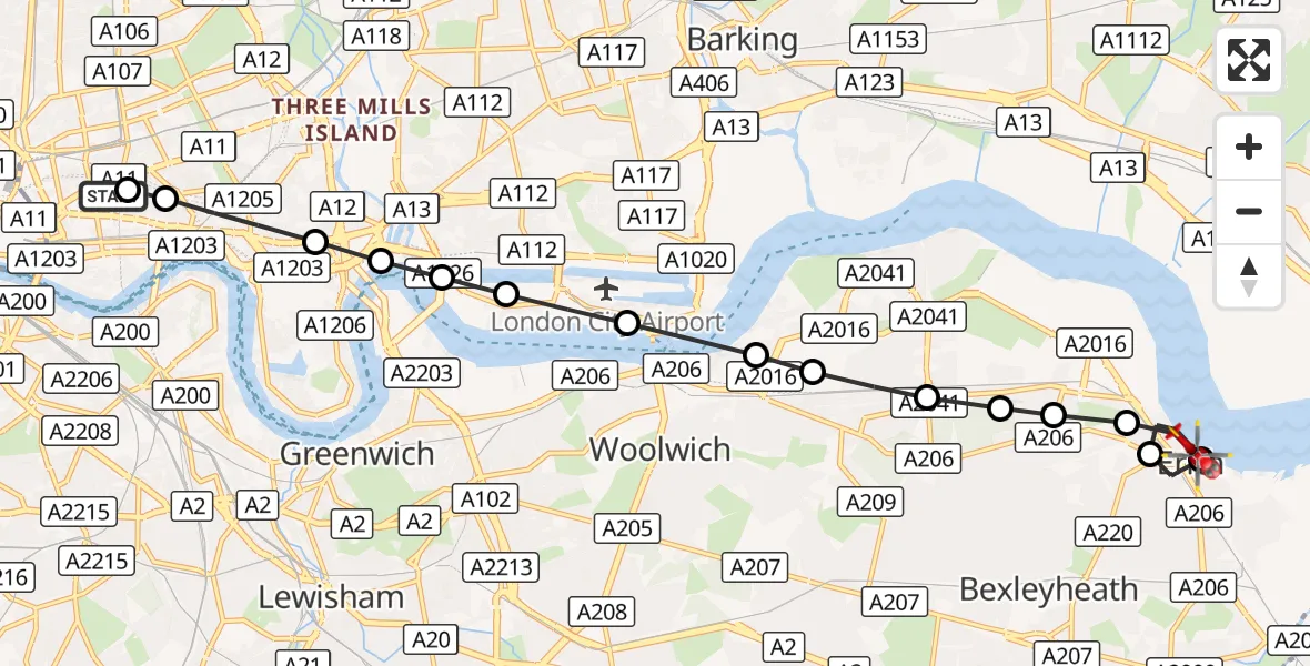 Flight route Air Ambulance Helicopter Royal London Hospital - Northumberland Heath, 07 August 2026, 09:49