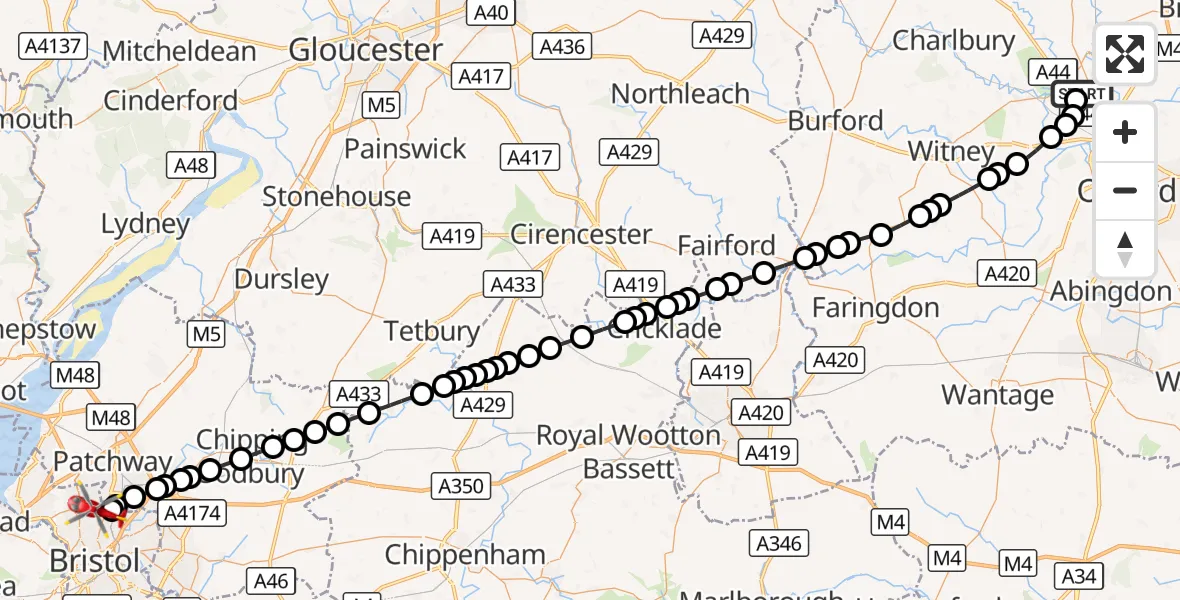 Flight route Air Ambulance Helicopter London Oxford Airport - Bristol, 07 August 2026, 10:04