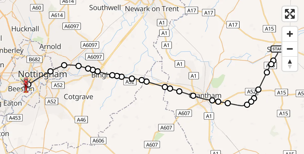 Flight route Air Ambulance Helicopter Sleaford - Beeston, 07 August 2026, 10:21