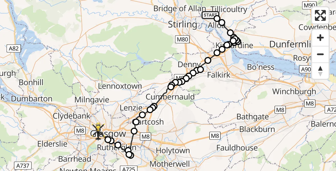 Flight route Police Helicopter Glenochil - Glasgow, 07 August 2026, 10:22