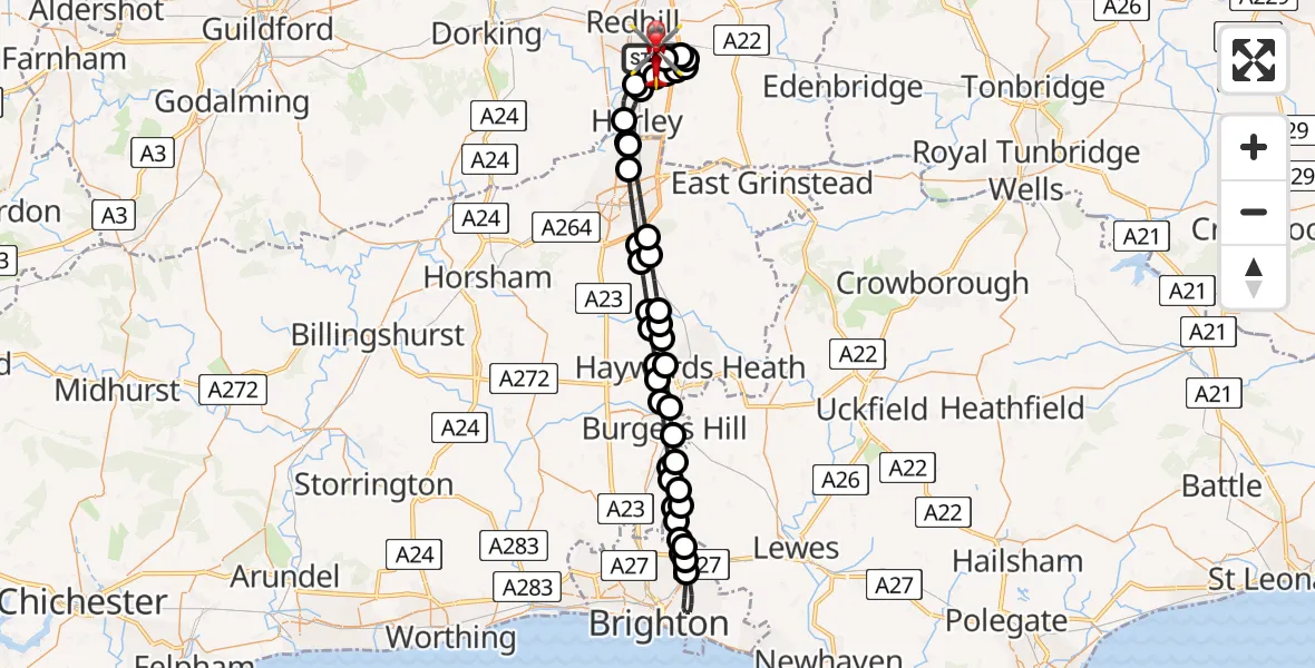 Flight route Air Ambulance Helicopter Redhill Aerodrome - Redhill Aerodrome, 07 August 2026, 10:27