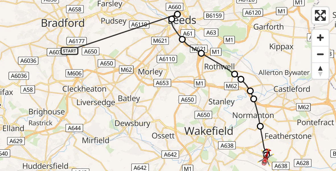 Flight route Air Ambulance Helicopter West Bowling - YAA Nostell Helicopter Port, 07 August 2026, 10:31