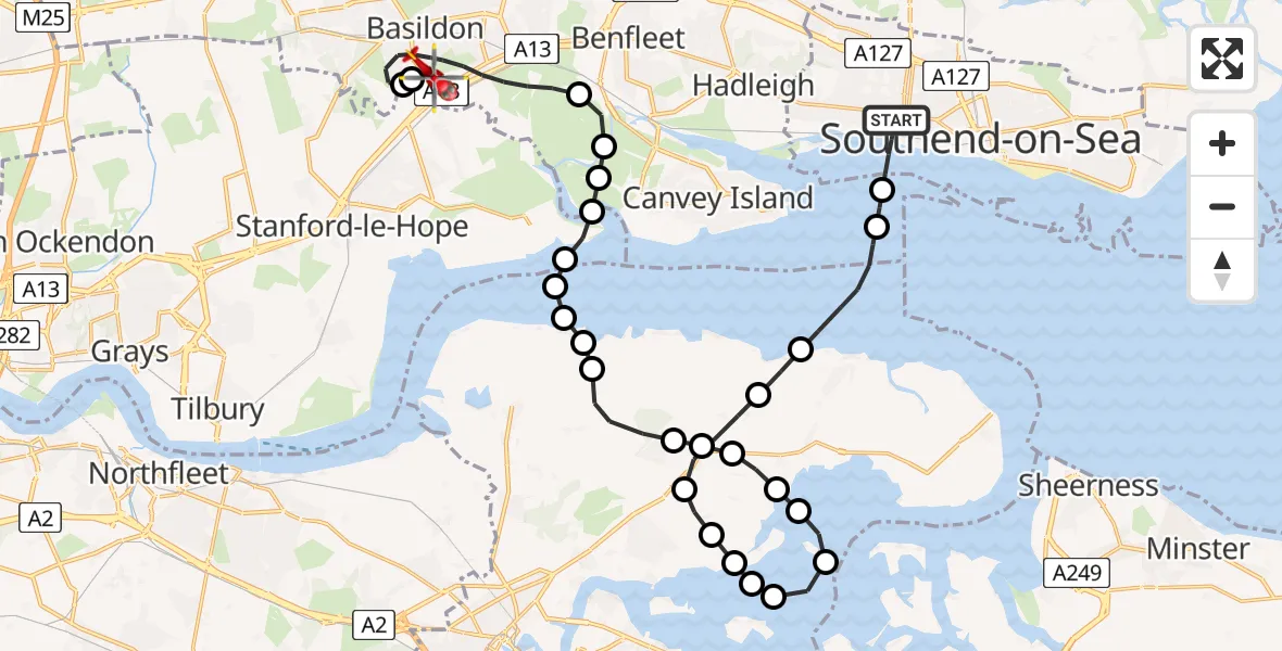 Flight route Air Ambulance Helicopter Leigh on Sea - Basildon, 07 August 2026, 10:32