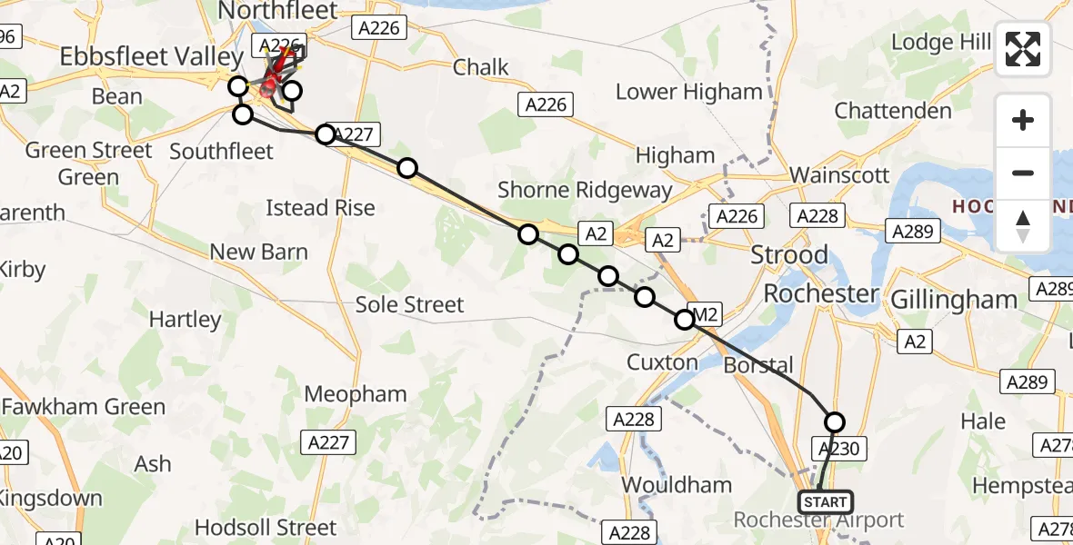Flight route Air Ambulance Helicopter Rochester Airport - Northfleet, 07 August 2026, 10:35
