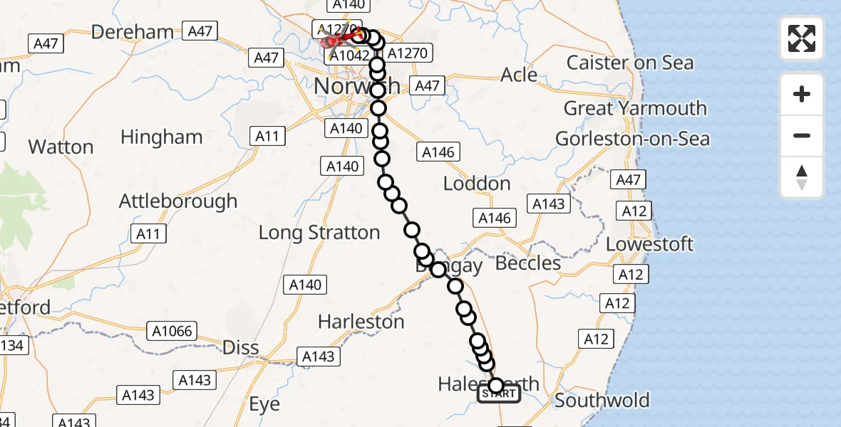 Flight route Air Ambulance Helicopter East Suffolk - Norwich Airport, 07 August 2026, 10:39