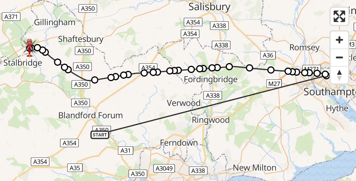 Flight route Air Ambulance Helicopter Spetisbury - Henstridge Airfield, 07 August 2026, 10:41