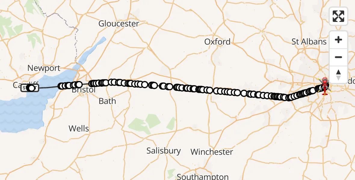 Flight route Air Ambulance Helicopter Cardiff Heliport - London Heliport, 07 August 2026, 10:41