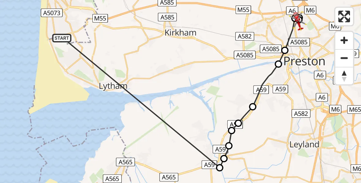 Flight route Air Ambulance Helicopter Blackpool Airport - Broughton, 07 August 2026, 10:50