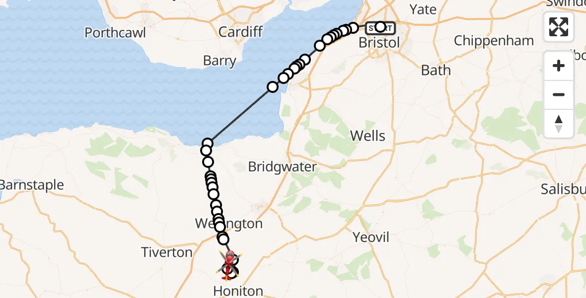 Flight route Air Ambulance Helicopter Southmead Hospital - Dunkeswell Airfield, 07 August 2026, 10:52