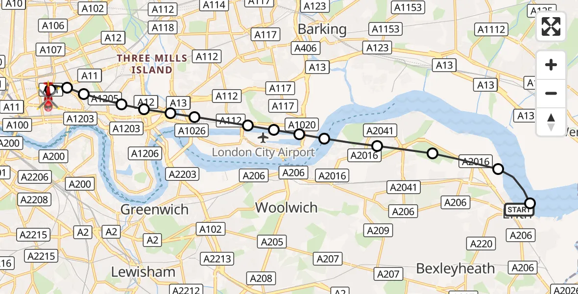 Flight route Air Ambulance Helicopter Northumberland Heath - Royal London Hospital, 07 August 2026, 10:55
