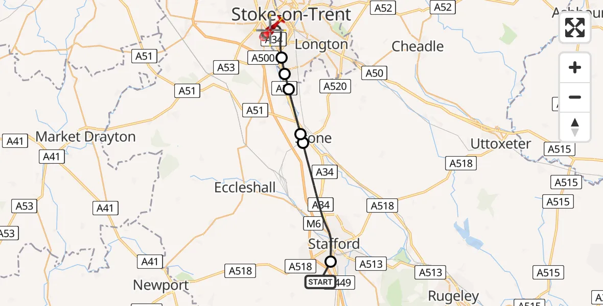 Flight route Air Ambulance Helicopter Coppenhall - University Hospital North Staffs, 07 August 2026, 10:57