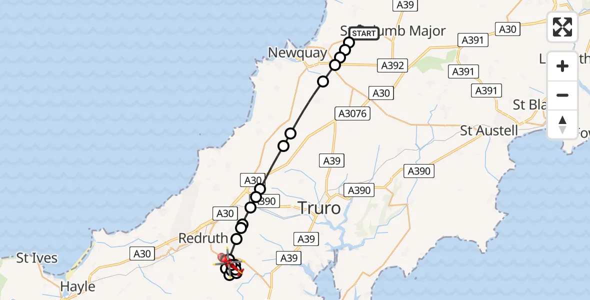 Flight route Air Ambulance Helicopter Cornwall Airport Newquay - Comford, 07 August 2026, 10:58