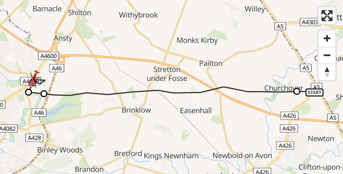 Flight route Air Ambulance Helicopter Rugby - Walsgrave, 07 August 2026, 11:19