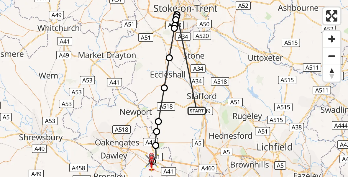 Flight route Air Ambulance Helicopter Coppenhall - Cosford, 07 August 2026, 11:27