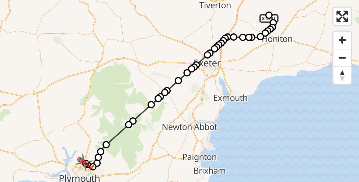 Flight route Air Ambulance Helicopter Dunkeswell Airfield - Derriford Hospital, 07 August 2026, 11:29