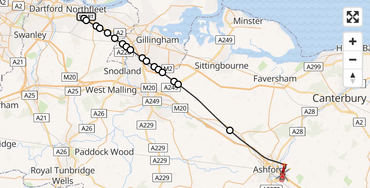 Flight route Air Ambulance Helicopter Northfleet - Ashford, 07 August 2026, 11:39