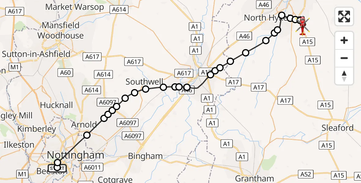 Flight route Air Ambulance Helicopter City of Nottingham - North Kesteven, 07 August 2026, 11:48