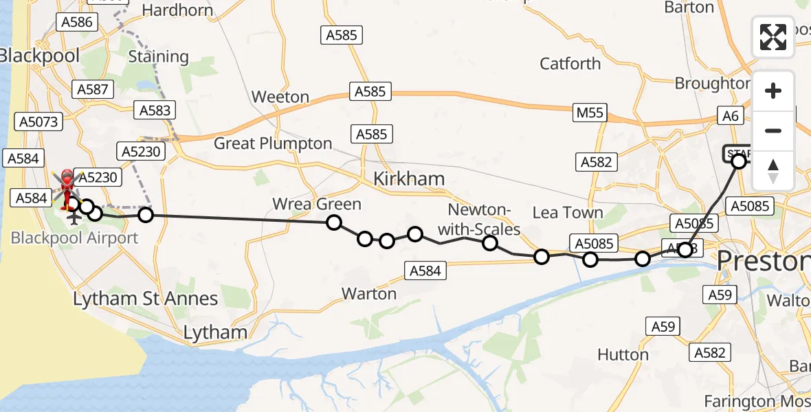 Flight route Air Ambulance Helicopter Royal Preston - Blackpool Airport, 07 August 2026, 11:56