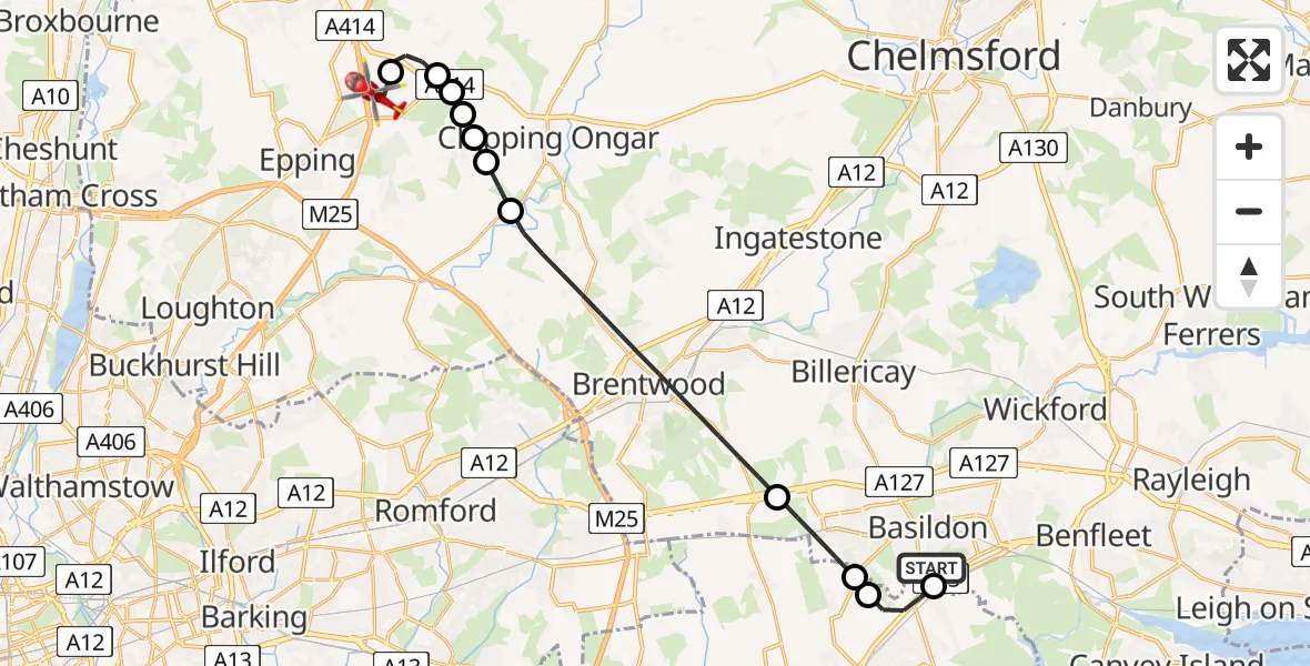 Flight route Air Ambulance Helicopter Basildon - North Weald Airfield, 07 August 2026, 12:03
