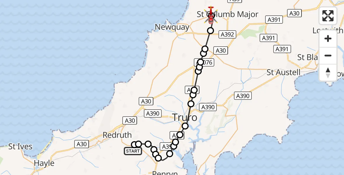 Flight route Air Ambulance Helicopter Comford - Cornwall Airport Newquay, 07 August 2026, 12:06