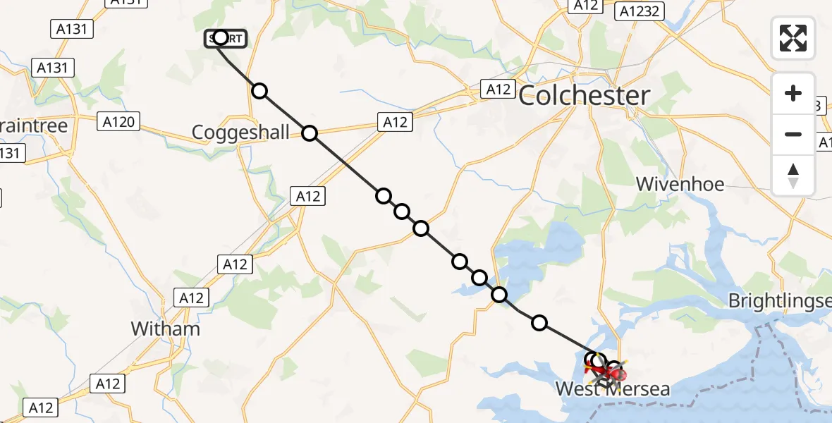 Flight route Air Ambulance Helicopter Earls Colne Airfield - West Mersea, 07 August 2026, 12:15
