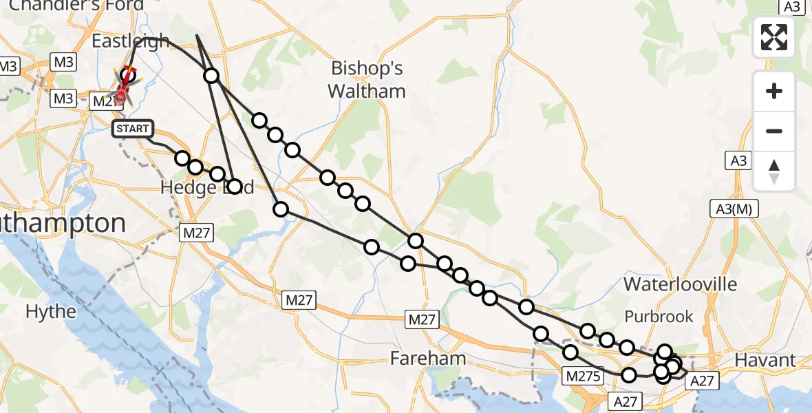 Flight route Air Ambulance Helicopter Eastleigh - Southampton Airport, 07 August 2026, 12:22
