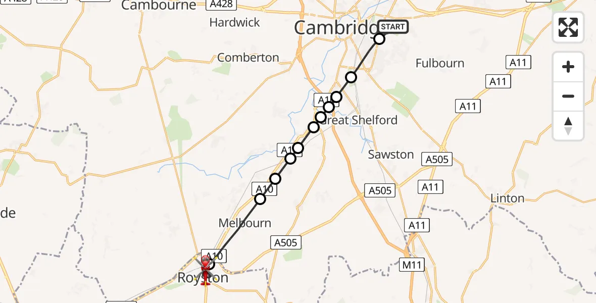 Flight route Air Ambulance Helicopter Cambridge City Airport - Royston, 07 August 2026, 12:28