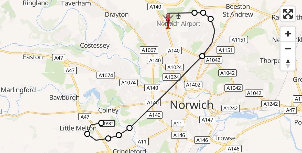 Flight route Air Ambulance Helicopter Norfolk & Norwich Hospital - Norwich Airport, 07 August 2026, 12:28