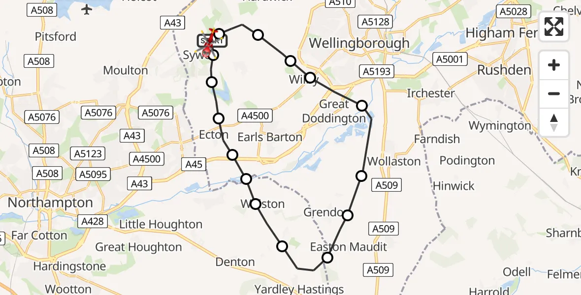 Flight route Air Ambulance Helicopter Sywell Aerodrome - Sywell Aerodrome, 07 August 2026, 12:33