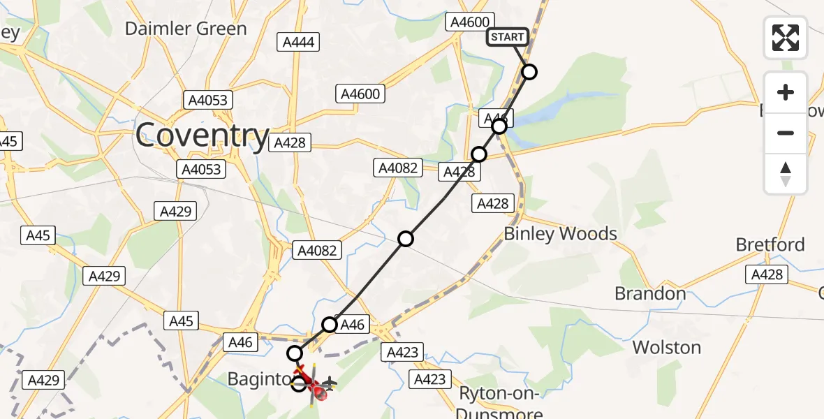 Flight route Air Ambulance Helicopter University Hospital Coventry - Coventry Airport, 07 August 2026, 12:45