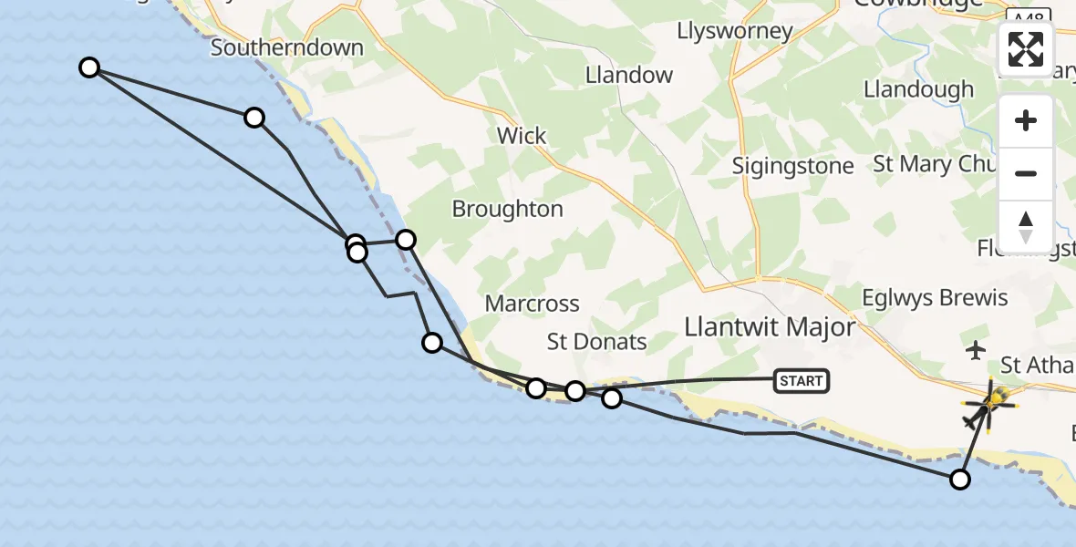 Flight route Police Helicopter Llantwit Major - MOD St Athan, 07 August 2026, 12:58