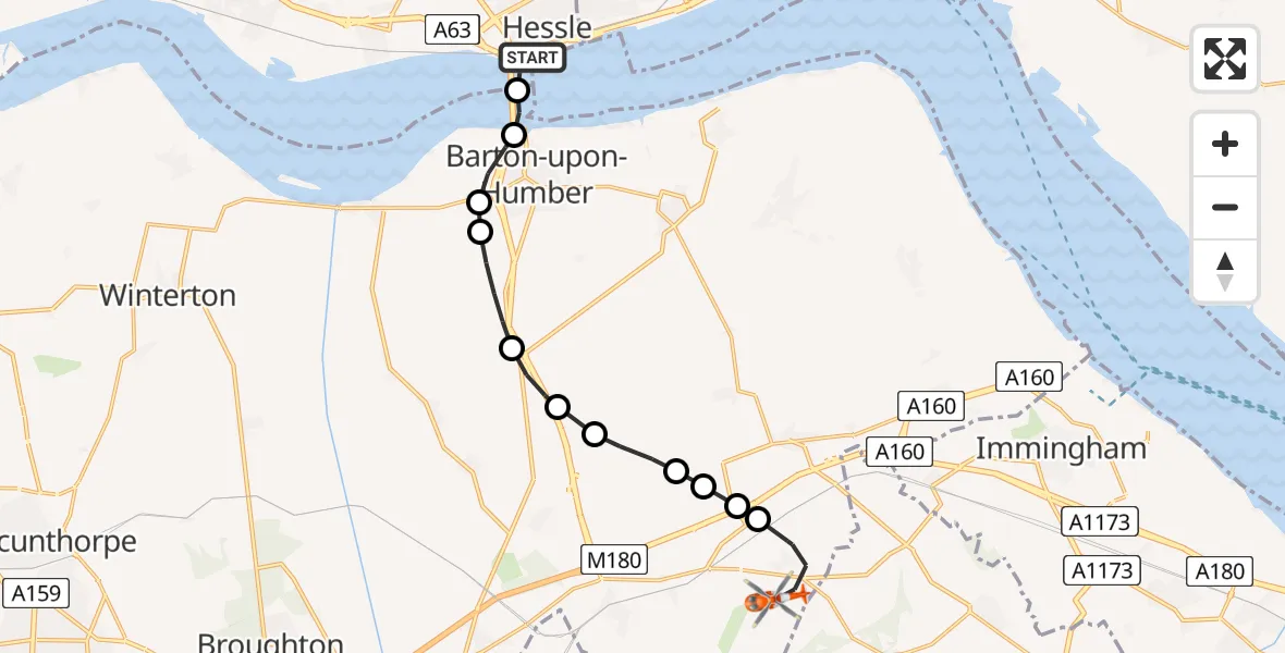 Flight route Coastguard Helicopter Hessle - Great Limber CP, 07 August 2026, 12:59