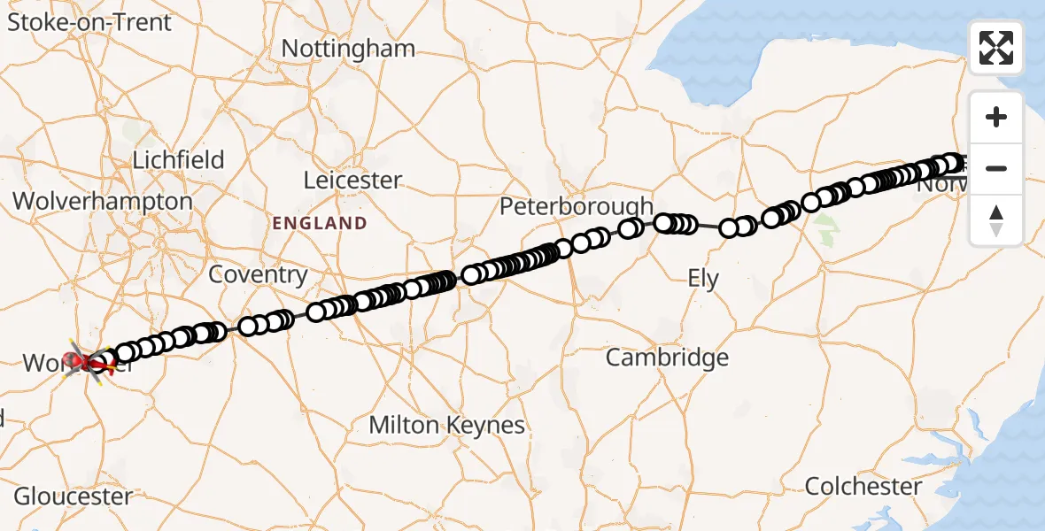 Flight route Air Ambulance Helicopter Norwich Airport - Worcester-Royal-Hospital Heliport, 07 August 2026, 13:01