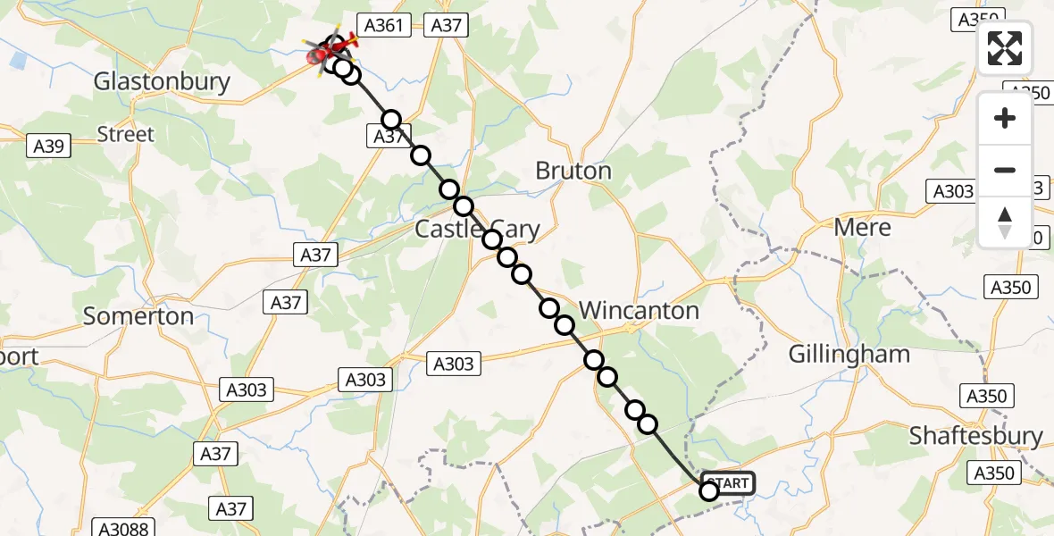 Flight route Air Ambulance Helicopter Henstridge Airfield - West Pennard, 07 August 2026, 13:05