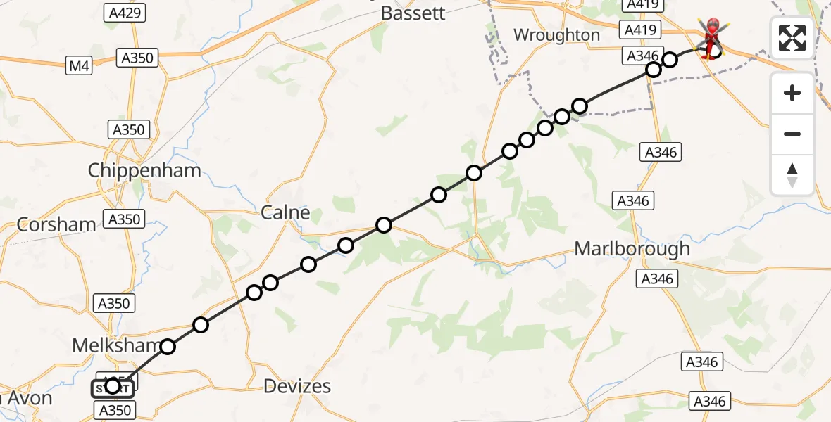 Flight route Air Ambulance Helicopter Wiltshire Air Ambulance - Wanborough, 07 August 2026, 13:10
