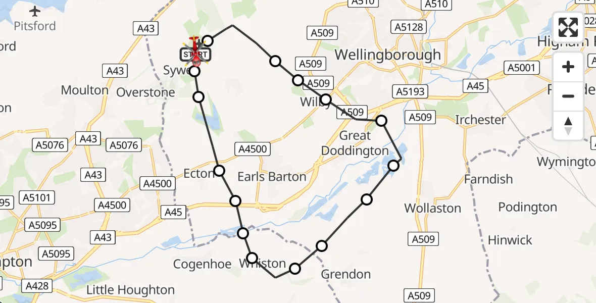 Flight route Air Ambulance Helicopter Sywell Aerodrome - Sywell Aerodrome, 07 August 2026, 13:11