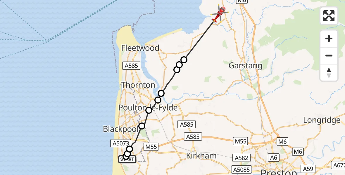 Flight route Air Ambulance Helicopter Blackpool Airport - Cockerham, 07 August 2026, 13:14