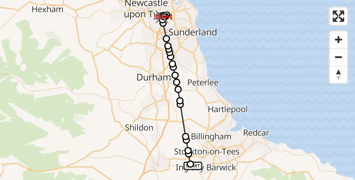 Flight route Air Ambulance Helicopter Egglescliffe - Gateshead, 07 August 2026, 13:23