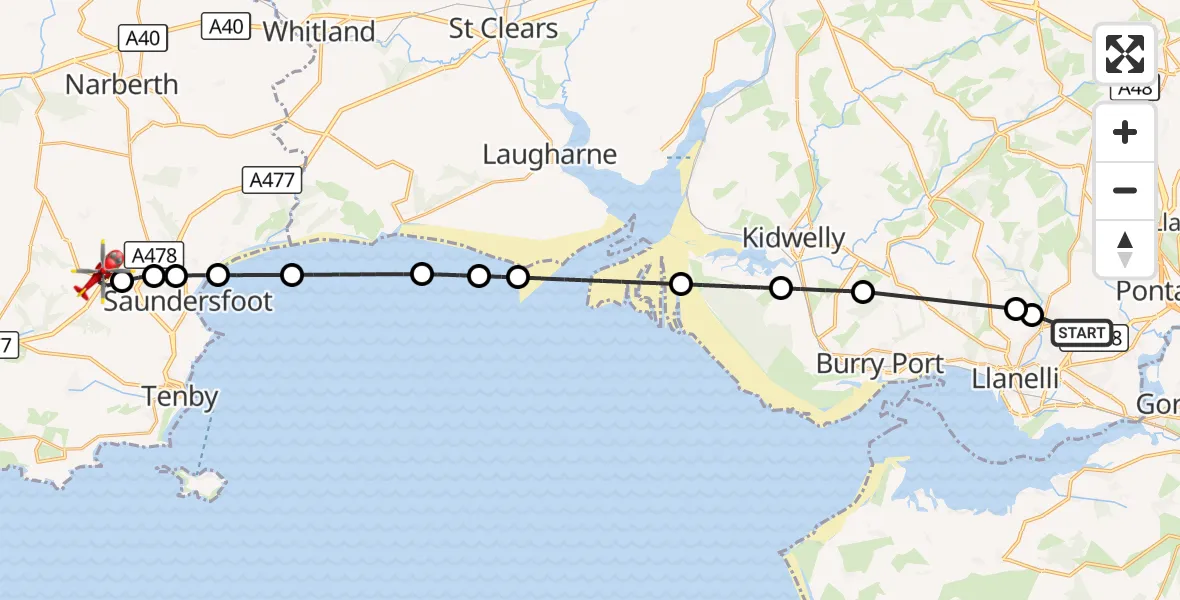 Flight route Air Ambulance Helicopter Dafen - East Williamston, 07 August 2026, 13:25