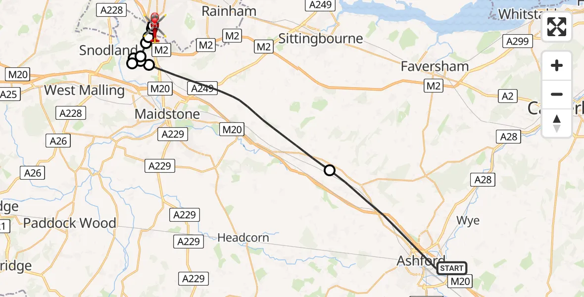 Flight route Air Ambulance Helicopter Ashford - Rochester Airport, 07 August 2026, 13:25