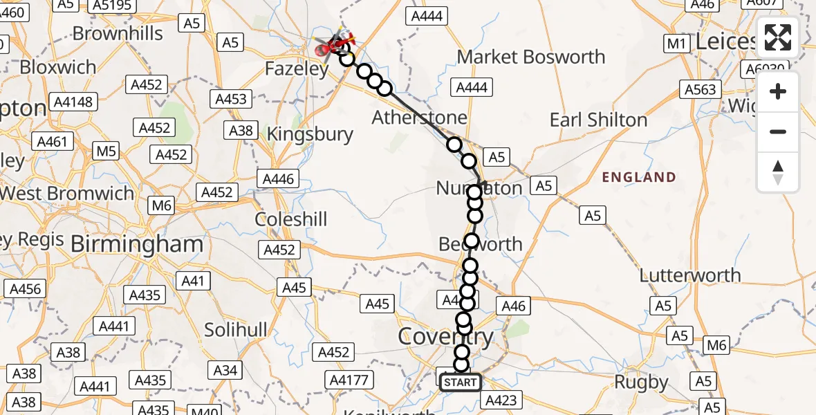 Flight route Air Ambulance Helicopter Coventry Airport - Tamworth, 07 August 2026, 13:33