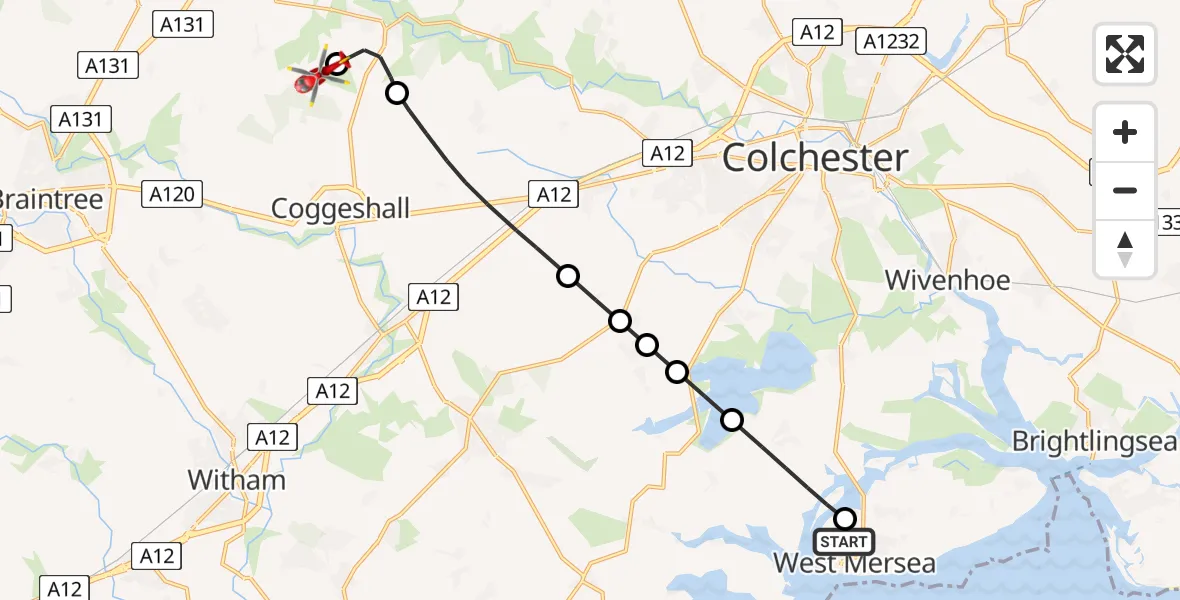 Flight route Air Ambulance Helicopter West Mersea - Earls Colne Airfield, 07 August 2026, 13:33