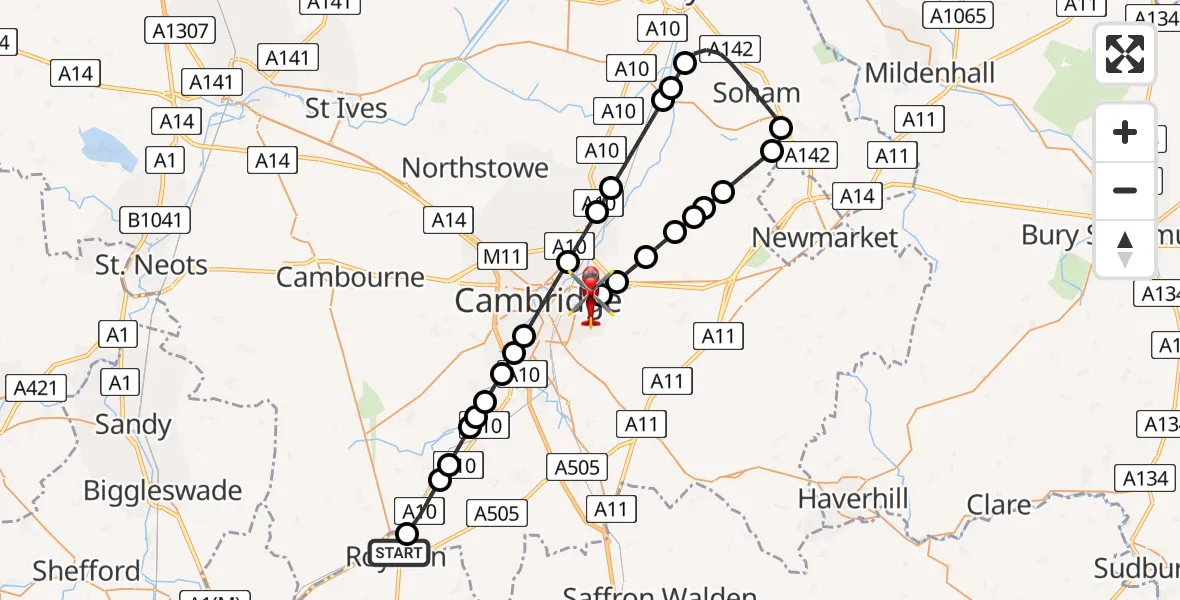 Flight route Air Ambulance Helicopter Royston - Cambridge City Airport, 07 August 2026, 13:33