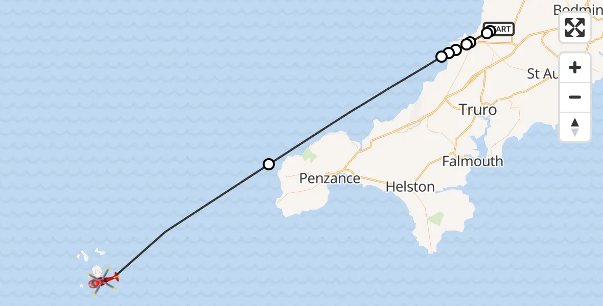 Flight route Air Ambulance Helicopter Cornwall Airport Newquay - North Atlantic Ocean, 07 August 2026, 13:45