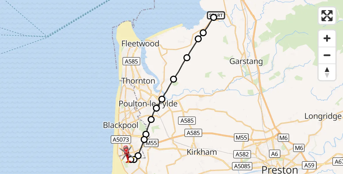 Flight route Air Ambulance Helicopter Lancaster - Blackpool Airport, 07 August 2026, 13:57